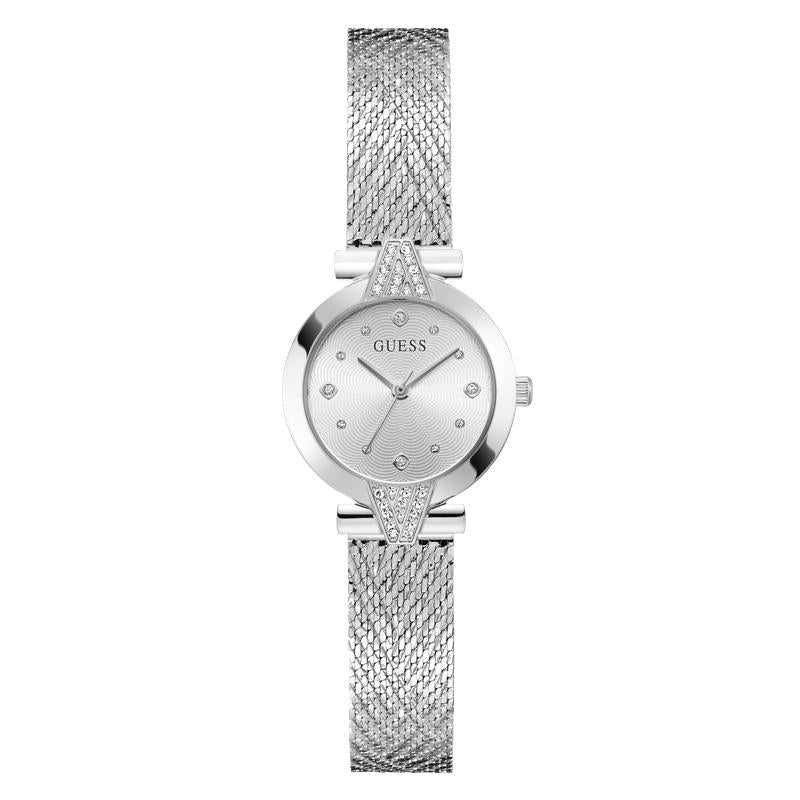Guess GW1086L1 ladies 26mm quartz watch with sunray silver dial, crystal markers, and stainless steel mesh bracelet