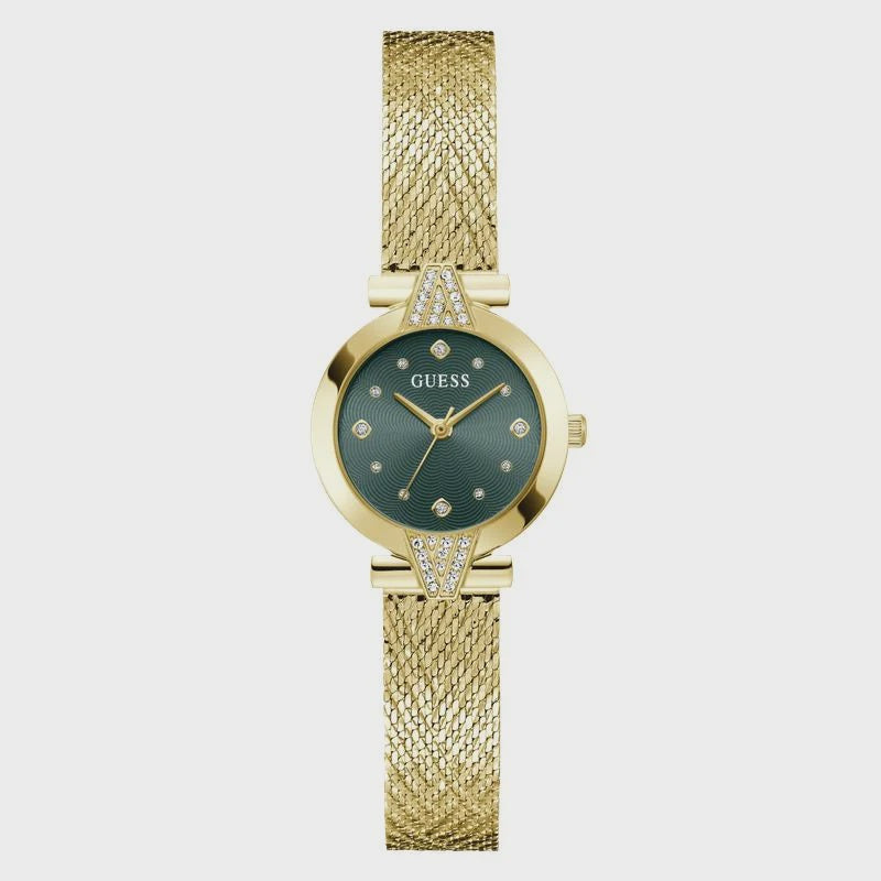 Guess Cecelia GW1086L2 ladies watch with sunray green dial, 26mm gold-tone case, crystal markers, and gold-tone mesh bracelet