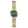 Guess Cecelia GW1086L2 ladies watch with sunray green dial, 26mm gold-tone case, crystal markers, and gold-tone mesh bracelet