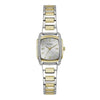 Guess Swirl GW1096L3 ladies rectangular quartz watch with silver sunray dial, crystal-set bezel, and two-tone stainless steel bracelet