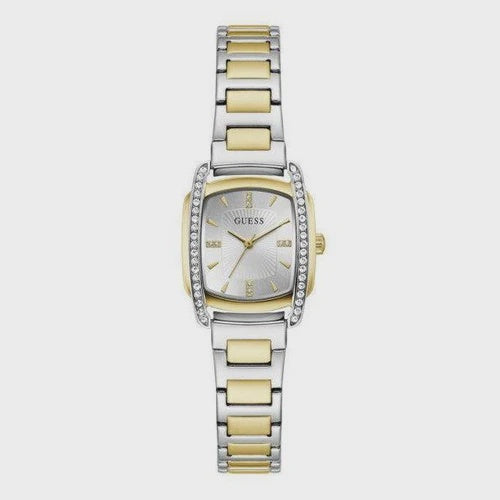 Guess Swirl GW1096L3 ladies rectangular quartz watch with silver sunray dial, crystal-set bezel, and two-tone stainless steel bracelet