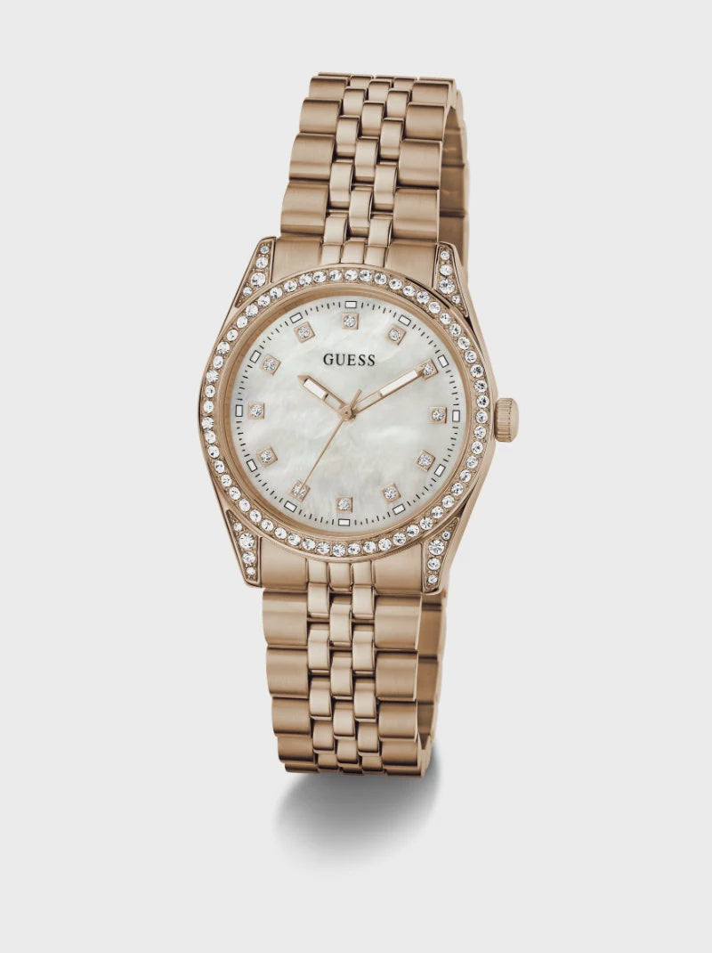 Guess GW1099L4 ladies watch with rose gold-tone stainless steel case and bracelet, mother-of-pearl dial with crystal markers, and crystal-set bezel