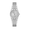 Guess GW1119L1 ladies quartz watch with recycled stainless steel bracelet, crystal-accented bezel, and silver sunray dial with date display