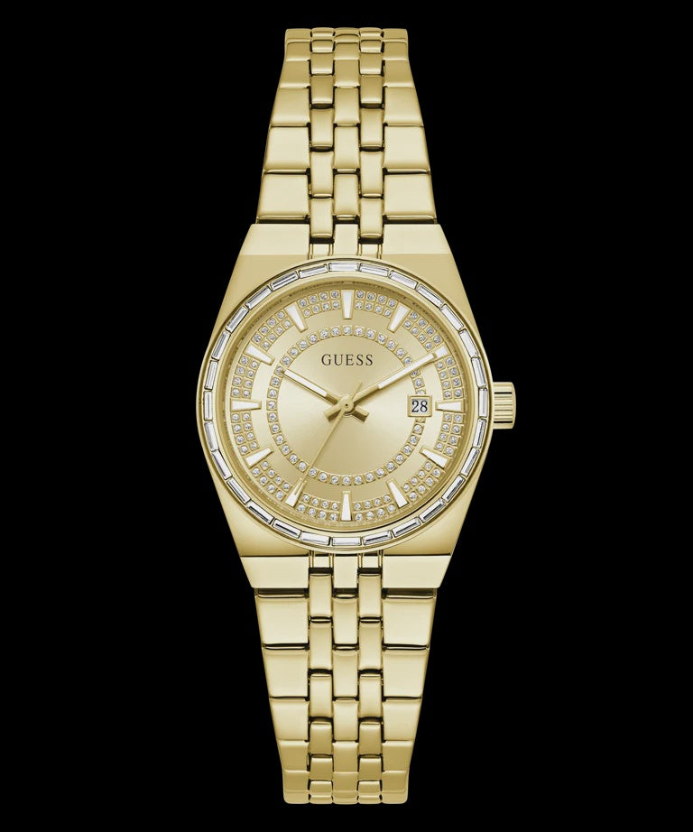 Guess GW1119L2 ladies quartz watch with gold-tone stainless steel bracelet, champagne crystal-set dial, and date display at 3 o'clock