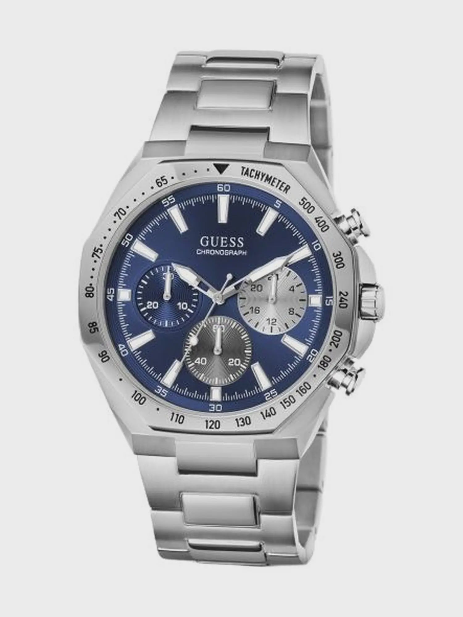 Guess GW1122G1 chronograph watch with 42mm stainless steel case, blue sunray dial with three sub-dials, fixed tachymeter bezel, and polished steel bracelet