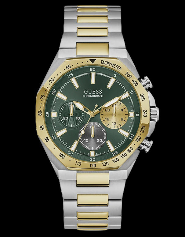Guess Blake GW1122G4 chronograph watch with green dial, 42mm two-tone stainless steel case, gold-tone tachymetre bezel, and integrated bracelet
