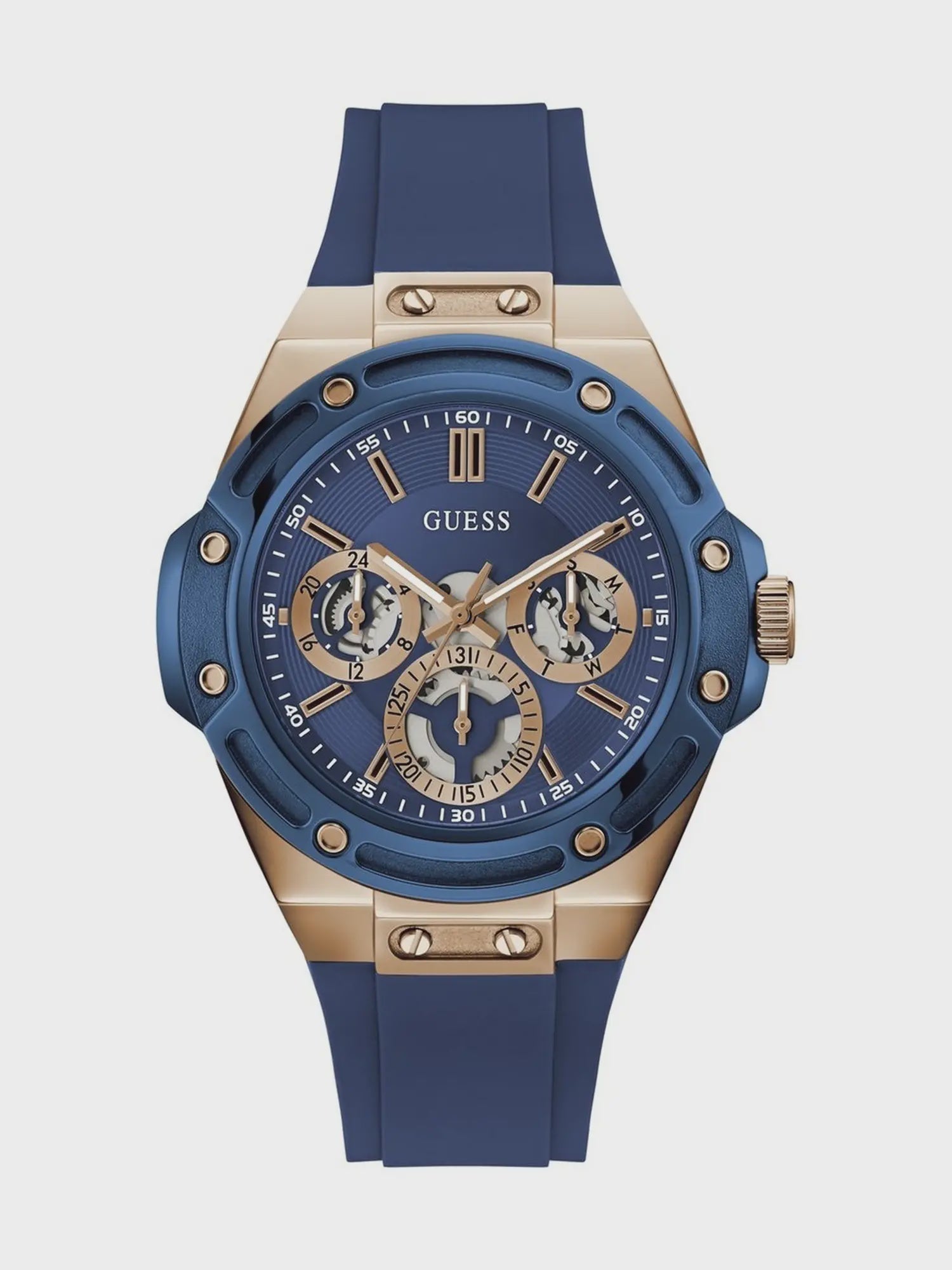 Guess Carver GW1132G5 men's multifunction quartz watch with 44mm rose gold case, blue aluminium bezel, blue textured dial with three sub-dials, and blue silicone strap