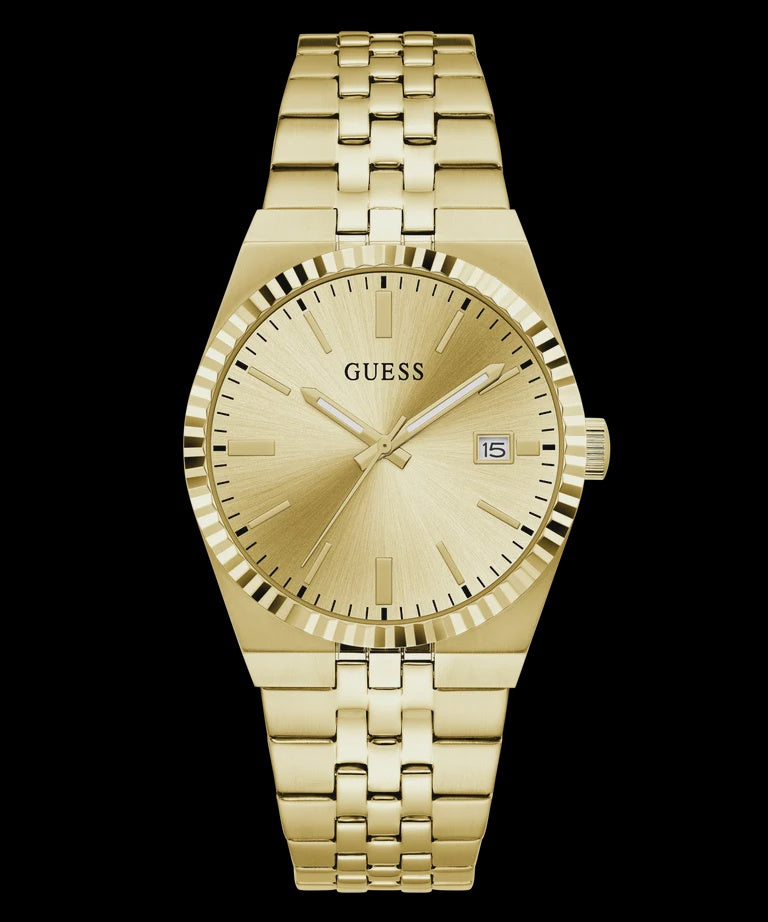 Guess GW1153G2 39mm gold-toned quartz watch with sunray dial, date aperture, fluted bezel and stainless steel five-link bracelet