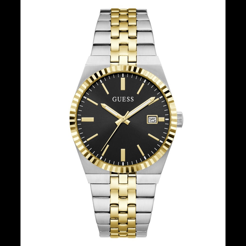 Guess GW1153G7 mens quartz watch with 39mm round case, black dial with gold-tone indices, fluted gold-tone bezel, and two-tone stainless steel bracelet