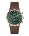 Guess GW1154G5 chronograph watch with green sunburst dial, rose gold-tone 42mm case, and brown leather strap