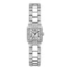Guess Taylor GW1157L1 ladies quartz watch with square stainless steel case, white Roman numeral dial, and crystal-set integrated bracelet