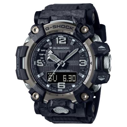 Casio G-Shock Mudmaster GWG-2000-1A1DR black tactical watch with forged carbon bezel, camouflage resin band, analogue-digital display, Triple Sensor technology, and Carbon Core Guard structure