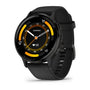 Garmin Venu 3 GPS smartwatch with 45mm slate stainless steel bezel, black polymer case, AMOLED display showing orange and black dial, and black silicone strap