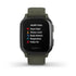 Garmin Venu Sq Music Edition GPS smartwatch with slate aluminium bezel, moss green silicone strap, and health stats display showing heart rate, stress level, body battery, respiration, and pulse ox monitoring