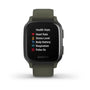 Garmin Venu Sq Music Edition GPS smartwatch with slate aluminium bezel, moss green silicone strap, and health stats display showing heart rate, stress level, body battery, respiration, and pulse ox monitoring