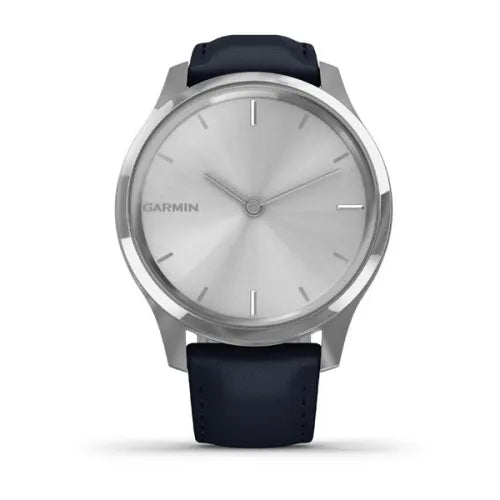 Garmin vívomove Luxe Silver stainless steel case with navy Italian leather band 010-02241-00