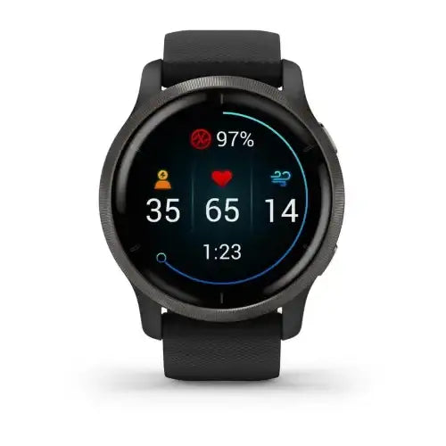 Garmin Venu 2 GPS smartwatch 45mm slate stainless steel bezel black silicone strap AMOLED display fitness tracking