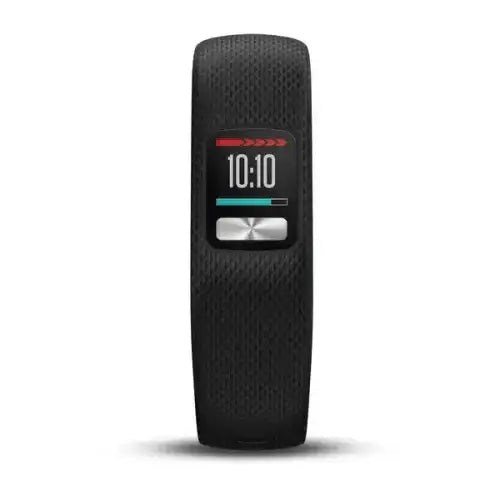Garmin vívofit 4 fitness activity tracker in black with large textured silicone band and colour display showing time and activity stats