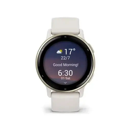 Garmin vívoactive 5 GPS smartwatch in ivory and cream gold with AMOLED display showing weather and time on white silicone strap