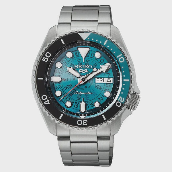 Seiko 5 Sports SRPJ45K1 automatic diver watch with turquoise semi-transparent Time Sonar dial, stainless steel case and bracelet, and black-turquoise ceramic bezel