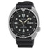 Seiko Prospex SRPE93K1 automatic diver's watch with black dial, cushion case, unidirectional bezel, and black silicone strap