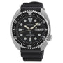 Seiko Prospex SRPE93K1 automatic diver's watch with black dial, cushion case, unidirectional bezel, and black silicone strap