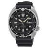 Seiko Prospex SRPE93K1 automatic diver's watch with black dial, cushion case, unidirectional bezel, and black silicone strap