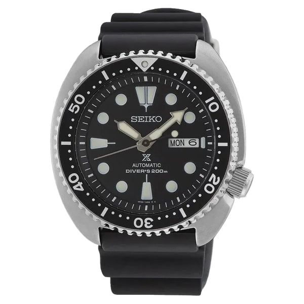 Seiko Prospex SRPE93K1 automatic diver's watch with black dial, cushion case, unidirectional bezel, and black silicone strap