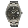 Seiko SUR375P1 Essentials titanium quartz watch with black sunray dial, sapphire crystal, date window, and integrated titanium bracelet