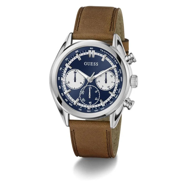 Guess Dawson Chronograph Quartz Blue Dial Stainless Steel Brown Leather Watch (GW0972G1)