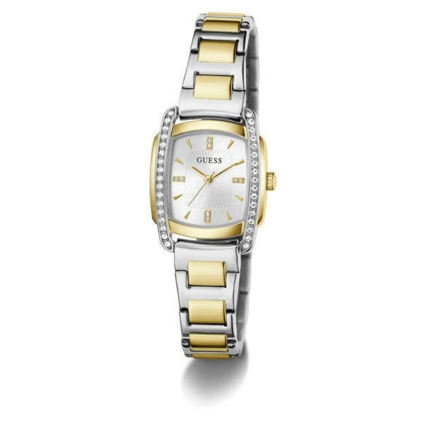 Guess Swirl Quartz Silver Sunray Dial Rectangular Two-Tone Watch (GW1096L3)