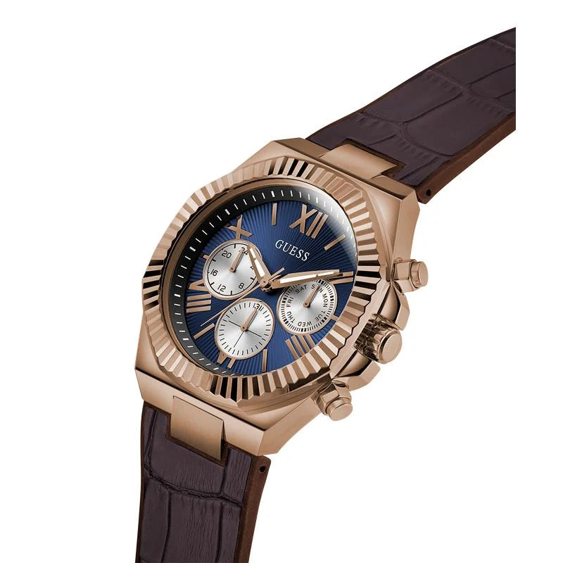Guess Equity Chronograph Quartz Blue Dial Rose Gold Tone Stainless Steel Watch (GW0791G4)