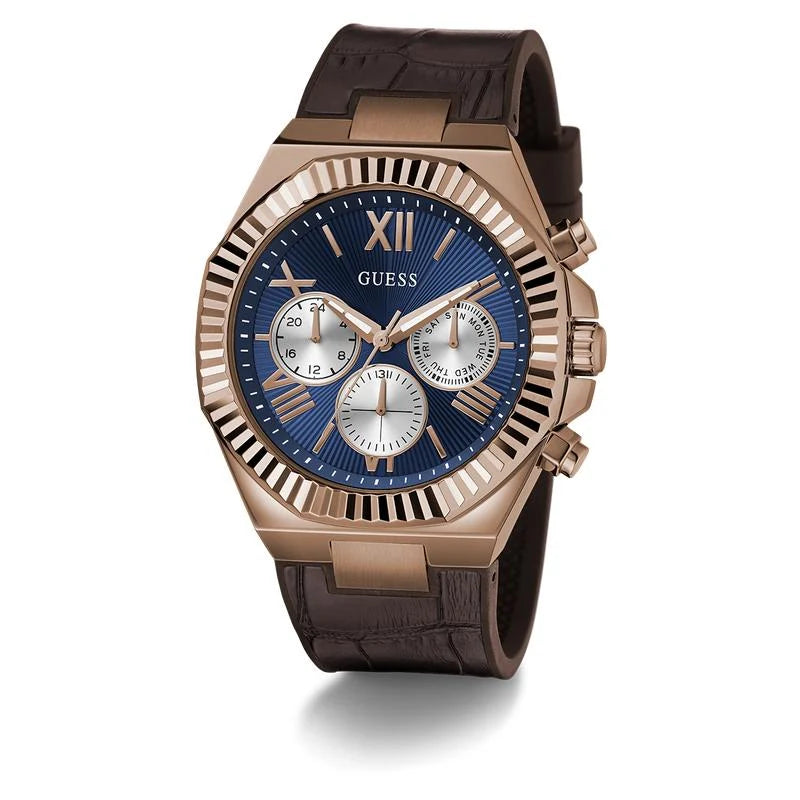 Guess Equity Chronograph Quartz Blue Dial Rose Gold Tone Stainless Steel Watch (GW0791G4)