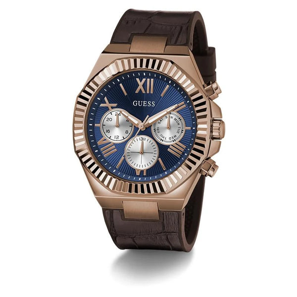Guess Equity Chronograph Quartz Blue Dial Rose Gold Tone Stainless Steel Watch (GW0791G4)