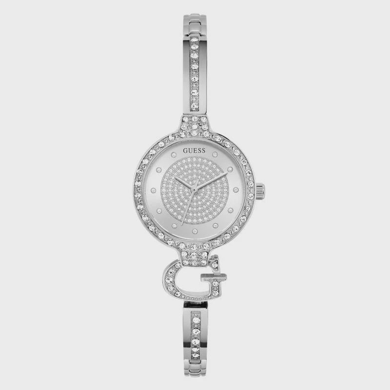 GUESS Giselle watch with silver sunray dial, crystal-set bezel and steel G-links bracelet