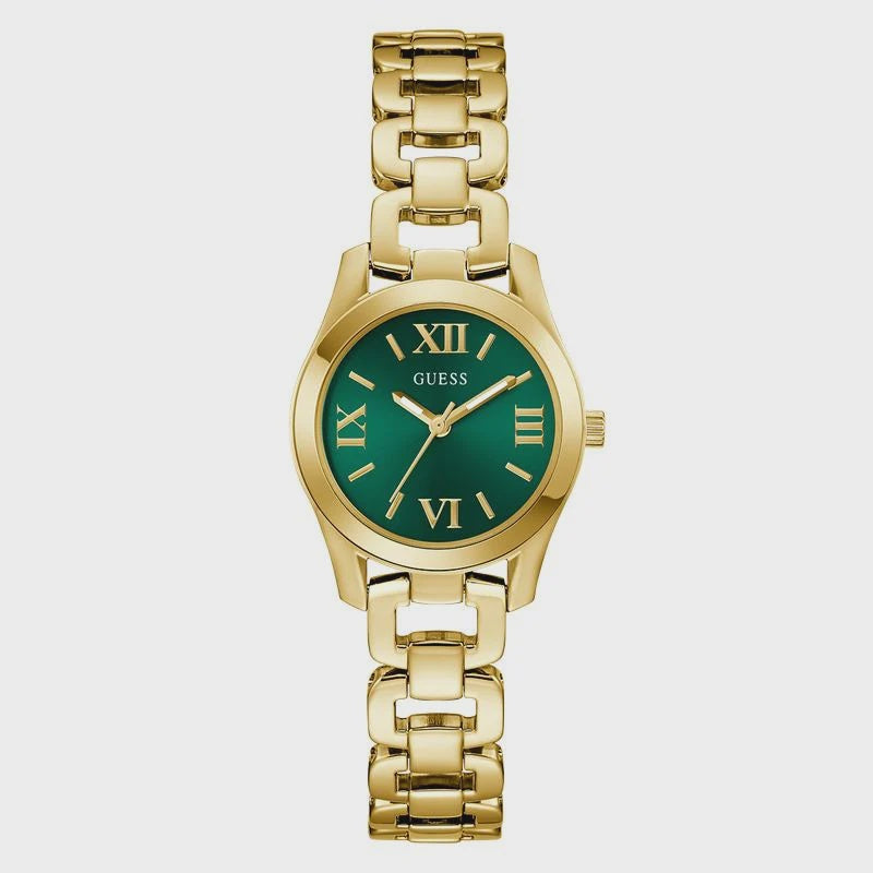 GUESS Veda women's watch with green sunray dial and gold-tone stainless steel bracelet