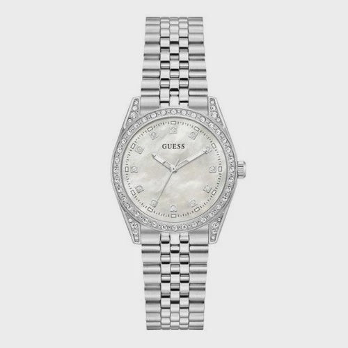 Guess JADA GW1099L1 ladies quartz watch with 34mm stainless steel case, crystal-set bezel, mother-of-pearl dial, and polished five-link bracelet