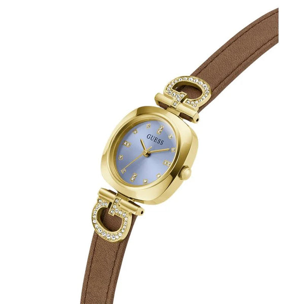 Guess Gabby Quartz Blue Dial Gold-Tone Cushion Case Brown Leather Watch (GW0938L2)