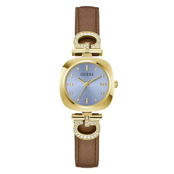 Guess Gabby Quartz Blue Dial Gold-Tone Cushion Case Brown Leather Watch (GW0938L2)