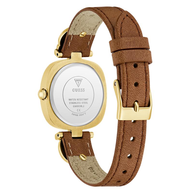 Guess Gabby Quartz Blue Dial Gold-Tone Cushion Case Brown Leather Watch (GW0938L2)