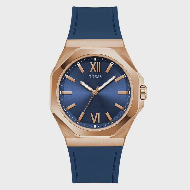 Guess Emperor GW0850G3 men's quartz watch with octagonal rose gold tone case, blue sunray dial with Roman numerals, and blue silicone strap
