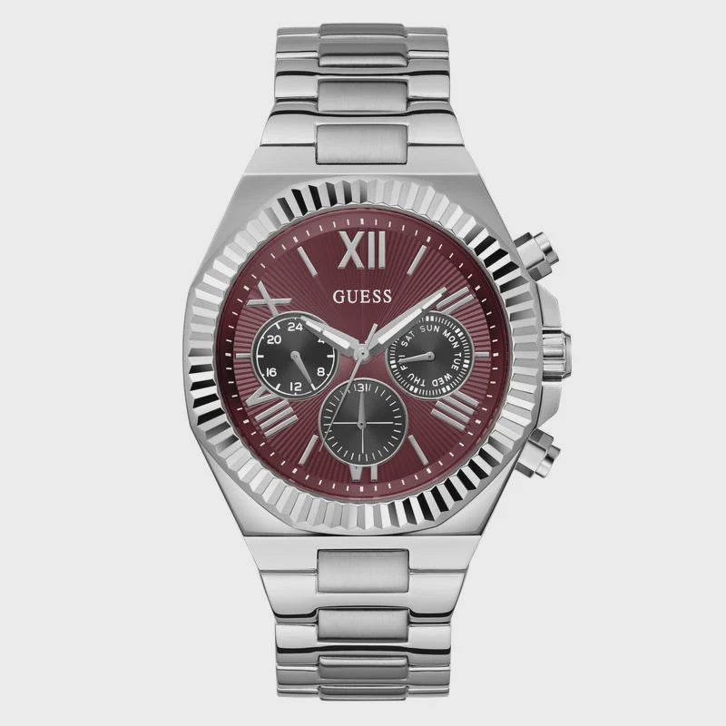 GUESS Equity men's watch with red sunray dial and stainless steel bracelet