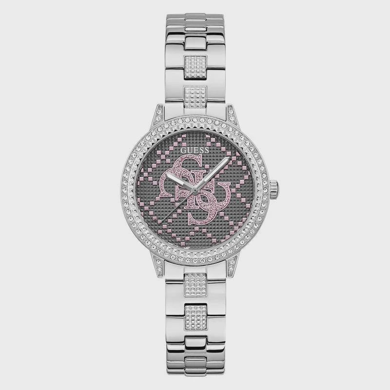 Grey pyramid-stud dial women's watch with crystal-set bezel and stainless steel bracelet