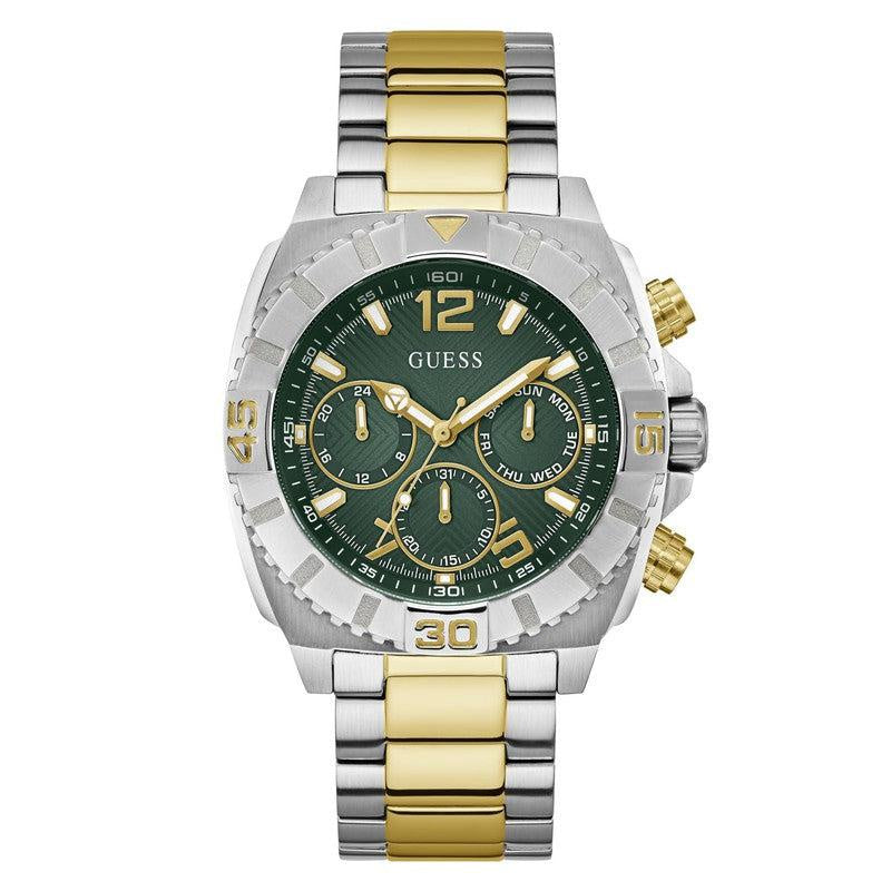 GUESS Traction chronograph with green textured dial and two-tone stainless steel bracelet