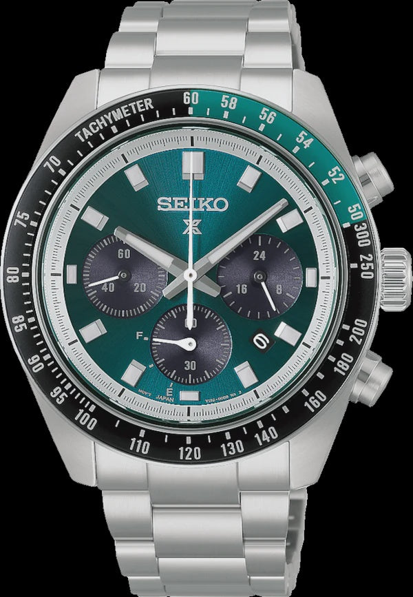 Seiko Prospex Speedtimer Solar Chronograph HBJ003P1 with green sunray dial and stainless steel bracelet