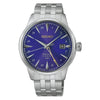 Seiko Presage HCB006J1 automatic GMT watch with blue sunburst dial, stainless steel case and bracelet, 24-hour indicators, and date window at 3 o'clock