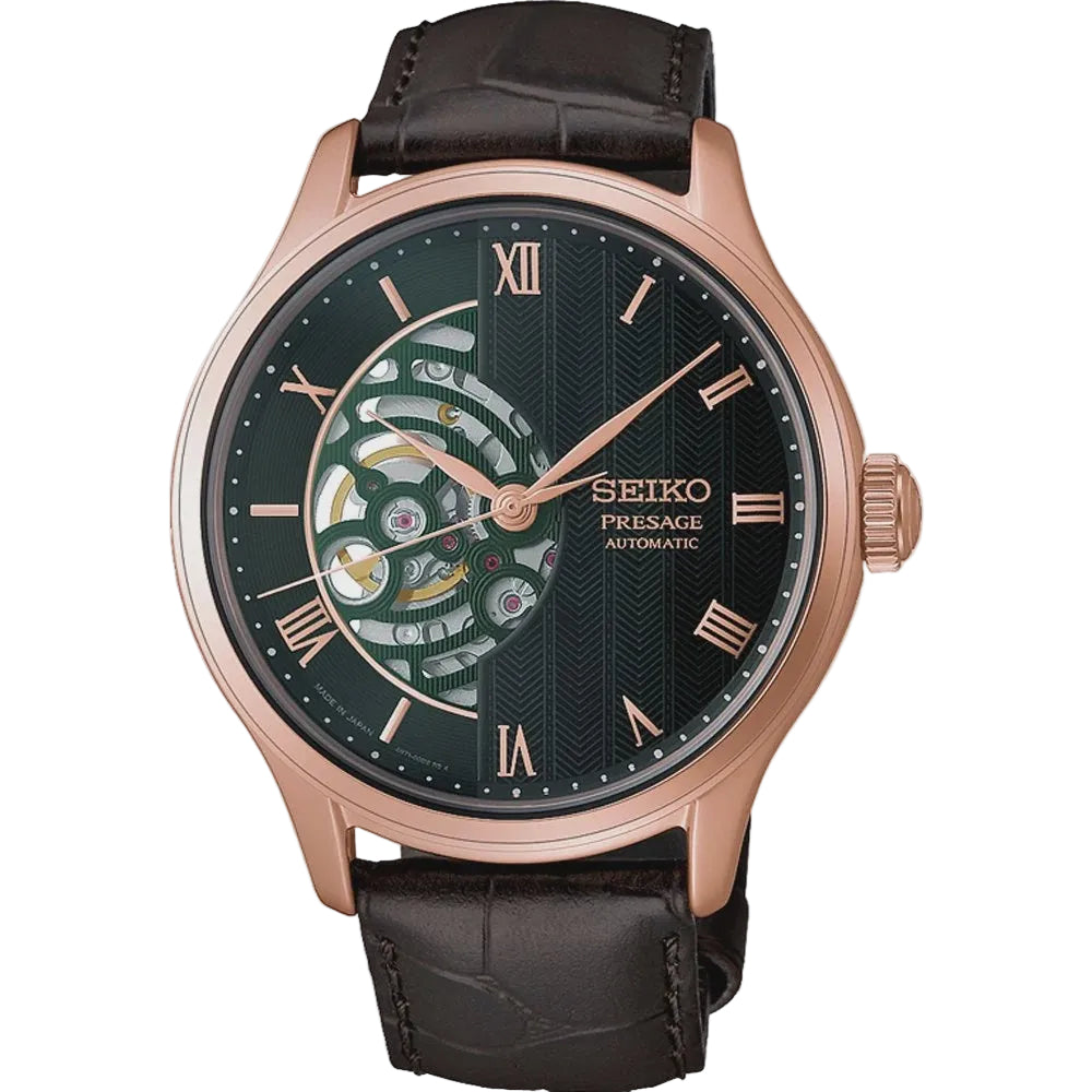 Seiko Presage HCB007J1 automatic watch with open-heart green chevron dial, rose gold PVD case, Roman numerals, and black leather strap