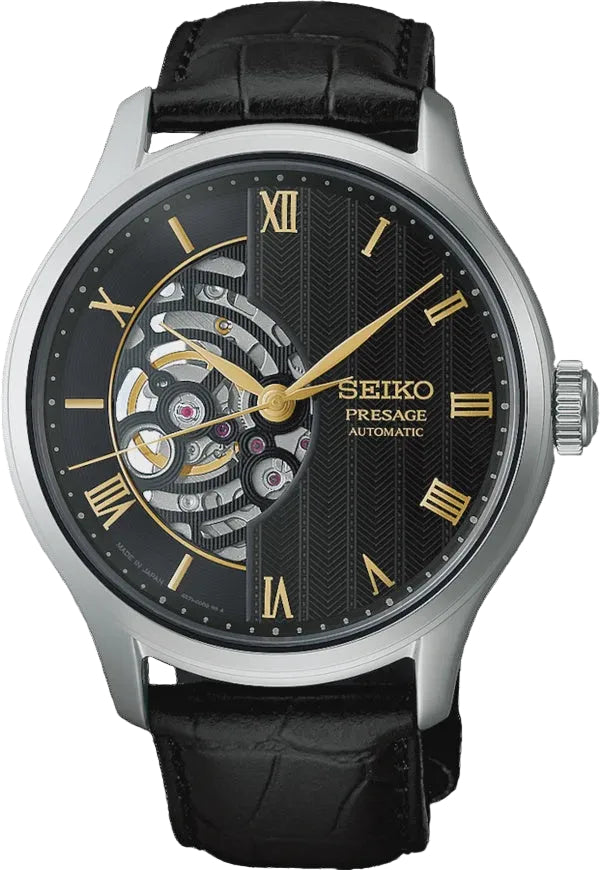 Seiko Presage Japanese Garden HCB008J1 automatic watch with open heart display at 9 o'clock, black herringbone guilloché dial, gold-tone Roman numerals, stainless steel case, and embossed black leather strap