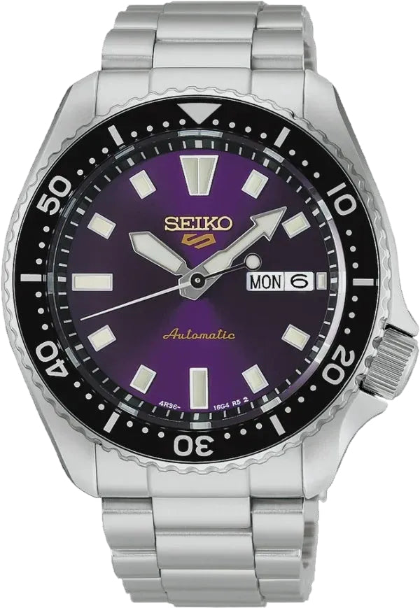 Seiko 5 Sports HDB003K1 automatic diver watch with purple gradient dial, stainless steel case and bracelet, unidirectional bezel with luminous markings, and day-date display