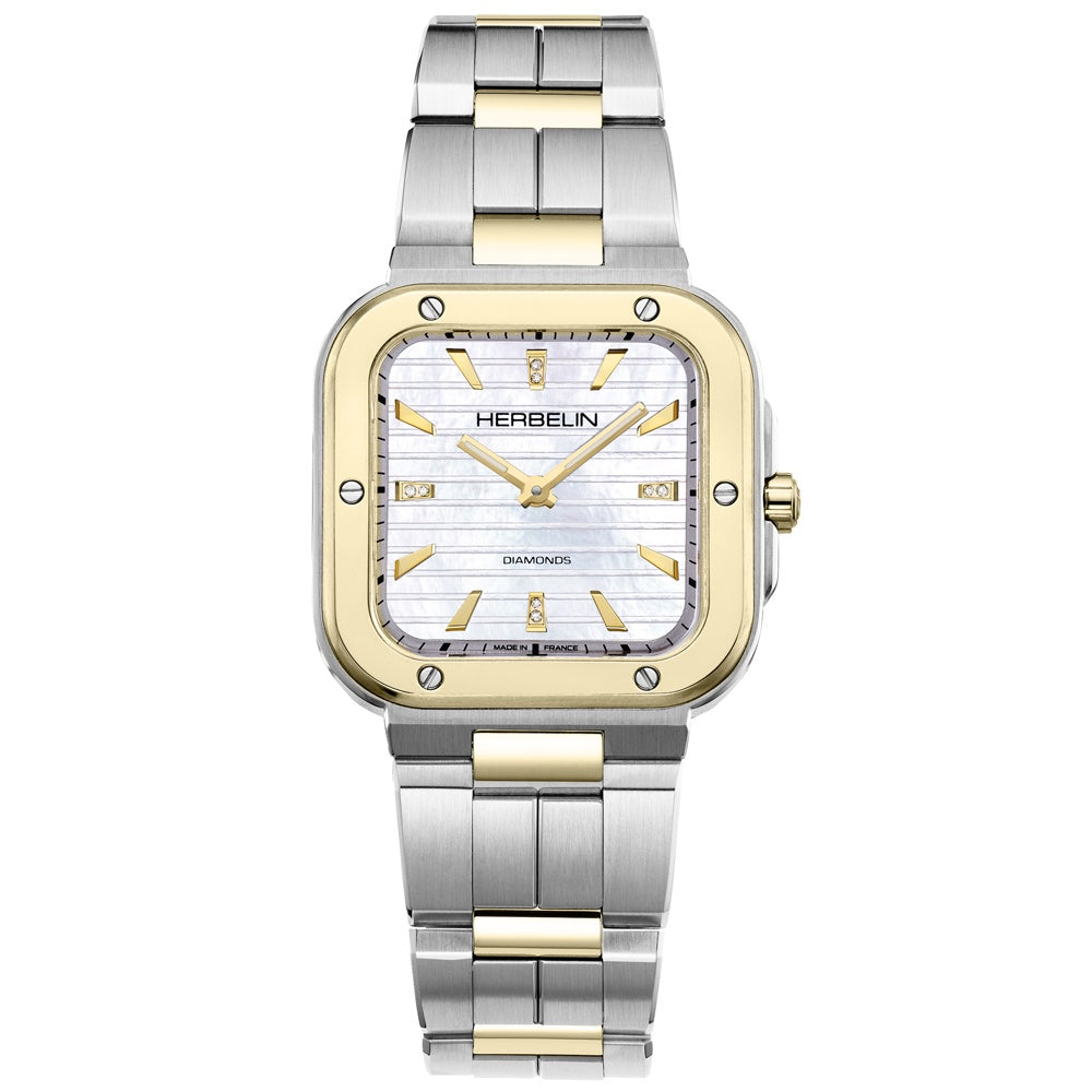 Michel Herbelin Cap Camarat Square Dame 17546BT1N89 two-tone quartz watch with diamond-set white dial and integrated steel gold bracelet